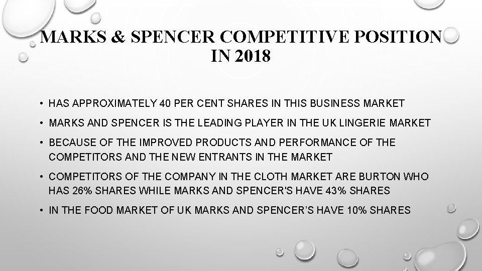 MARKS & SPENCER COMPETITIVE POSITION IN 2018 • HAS APPROXIMATELY 40 PER CENT SHARES MARKS & SPENCER COMPETITIVE POSITION IN 2018 • HAS APPROXIMATELY 40 PER CENT SHARES