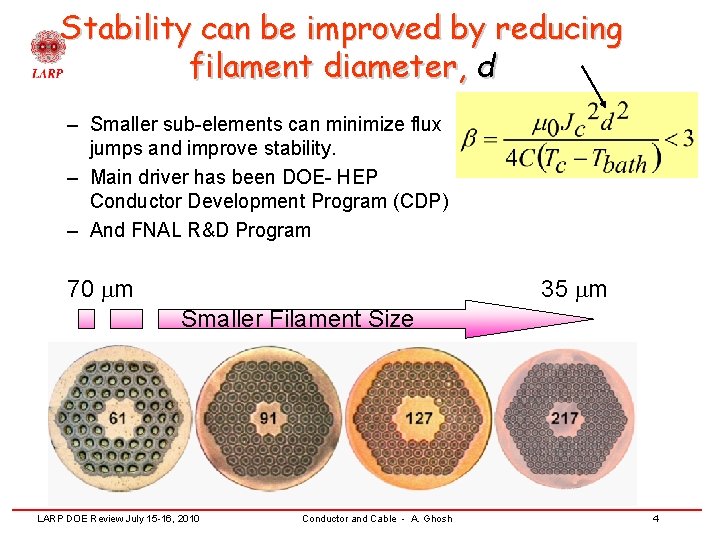 Stability can be improved by reducing filament diameter, d – Smaller sub-elements can minimize