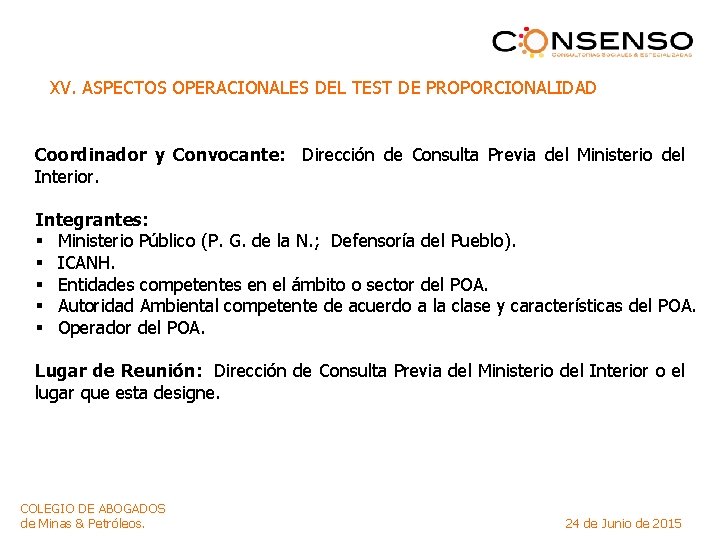 XV. ASPECTOS OPERACIONALES DEL TEST DE PROPORCIONALIDAD Coordinador y Convocante: Dirección de Consulta Previa
