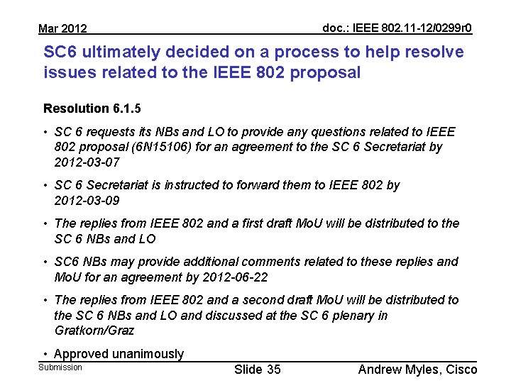 doc. : IEEE 802. 11 -12/0299 r 0 Mar 2012 SC 6 ultimately decided