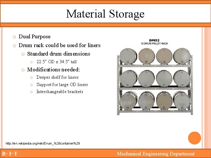Material Storage o Dual Purpose o Drum rack could be used for liners o