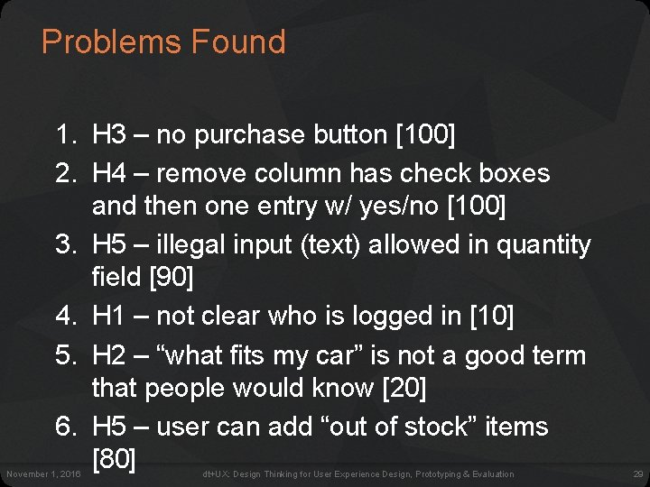 Problems Found 1. H 3 – no purchase button [100] 2. H 4 –