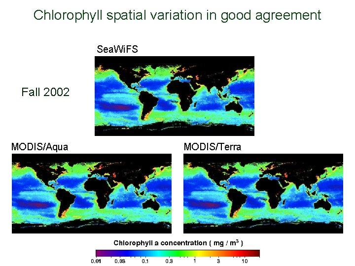 Chlorophyll spatial variation in good agreement Sea. Wi. FS Fall 2002 MODIS/Aqua MODIS/Terra 