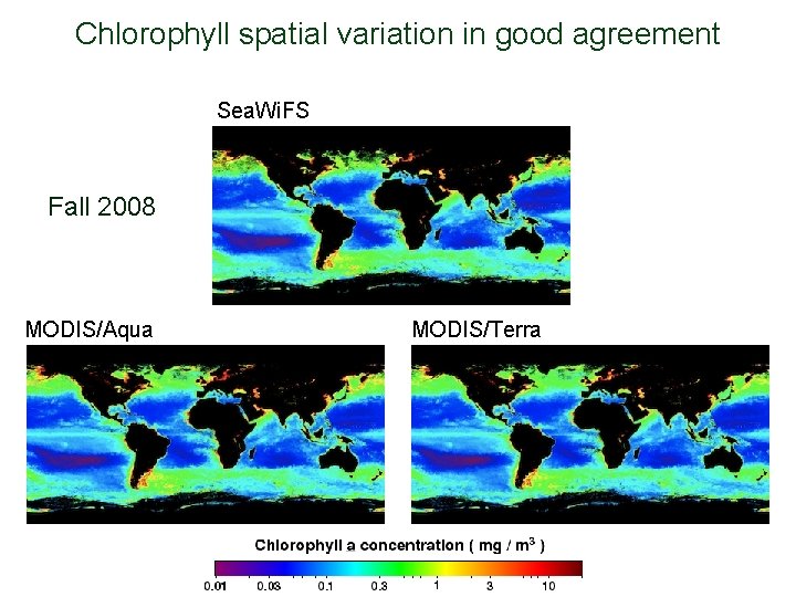 Chlorophyll spatial variation in good agreement Sea. Wi. FS Fall 2008 MODIS/Aqua MODIS/Terra 