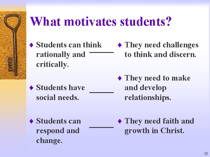 What motivates students? ¨ Students can think rationally and critically. ¨ They need challenges