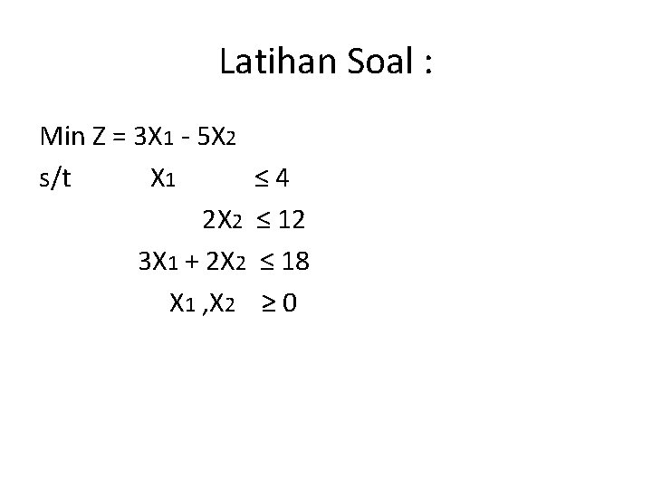 Latihan Soal : Min Z = 3 X 1 - 5 X 2 s/t