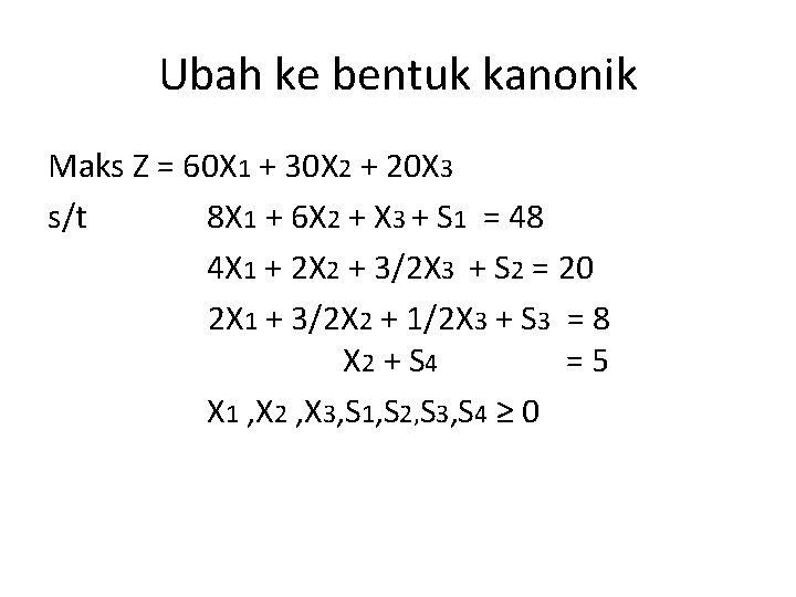 Ubah ke bentuk kanonik Maks Z = 60 X 1 + 30 X 2