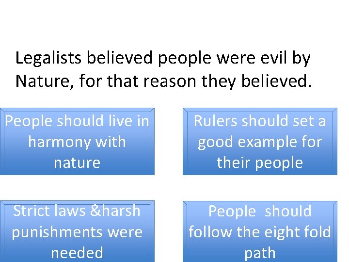 Legalists believed people were evil by Nature, for that reason they believed. People should