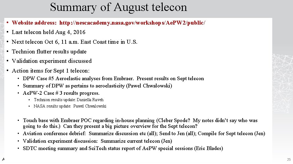 Summary of August telecon • Website address: http: //nescacademy. nasa. gov/workshops/Ae. PW 2/public/ •