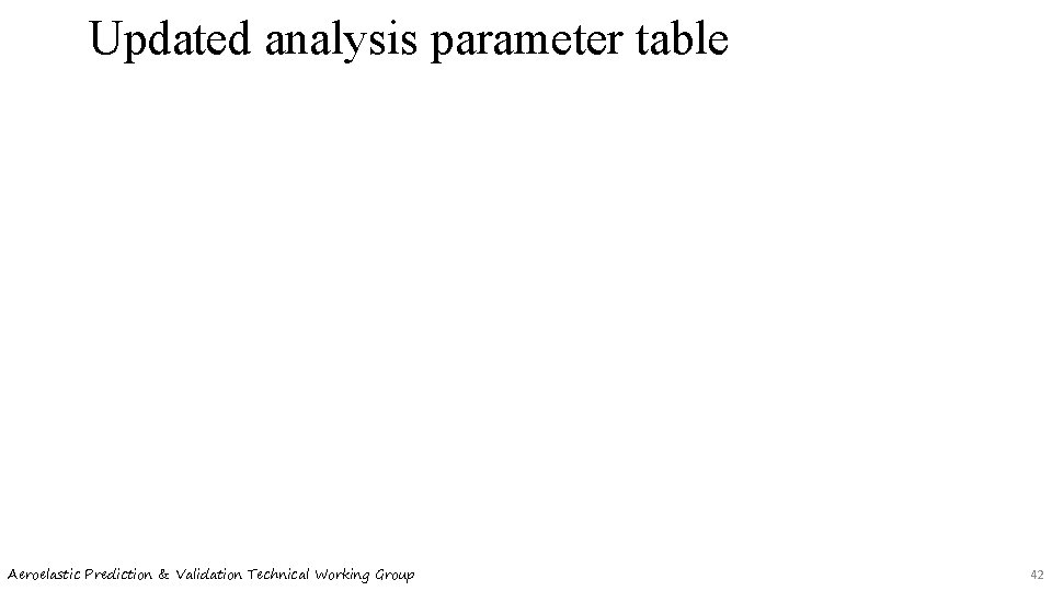 Updated analysis parameter table Aeroelastic Prediction & Validation Technical Working Group 42 