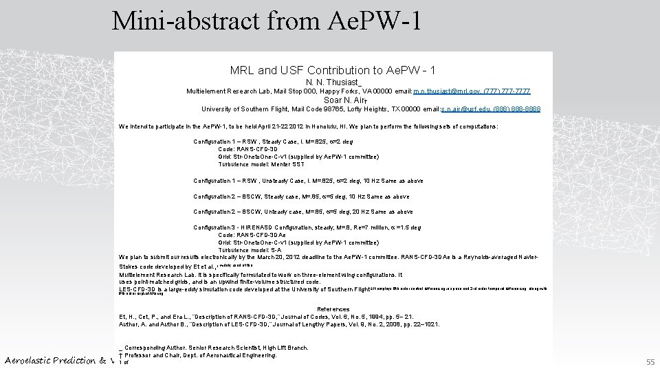 Mini-abstract from Ae. PW-1 MRL and USF Contribution to Ae. PW - 1 N.