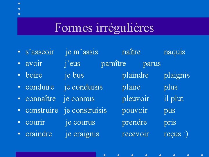 Formes irrégulières • • s’asseoir avoir boire conduire connaître construire courir craindre je m’assis