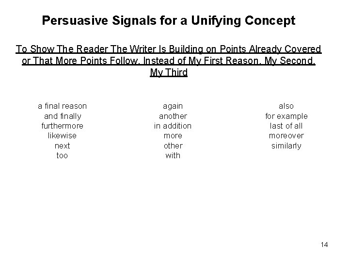 Persuasive Signals for a Unifying Concept To Show The Reader The Writer Is Building