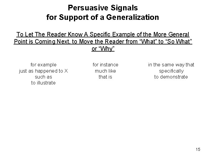 Persuasive Signals for Support of a Generalization To Let The Reader Know A Specific