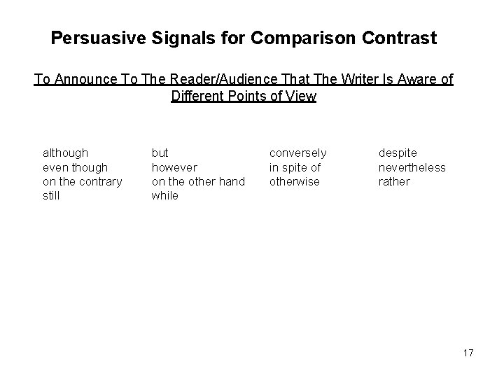 Persuasive Signals for Comparison Contrast To Announce To The Reader/Audience That The Writer Is