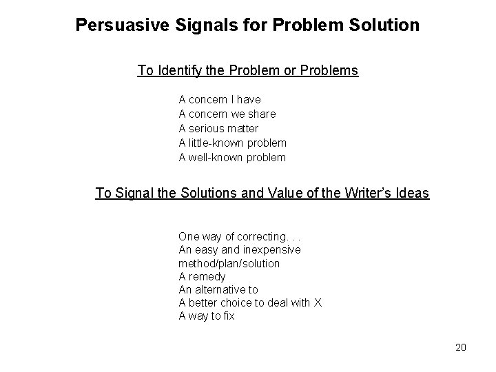 Persuasive Signals for Problem Solution To Identify the Problem or Problems A concern I