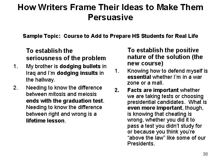 How Writers Frame Their Ideas to Make Them Persuasive Sample Topic: Course to Add