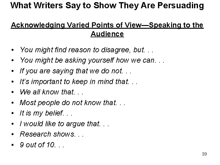 What Writers Say to Show They Are Persuading Acknowledging Varied Points of View—Speaking to