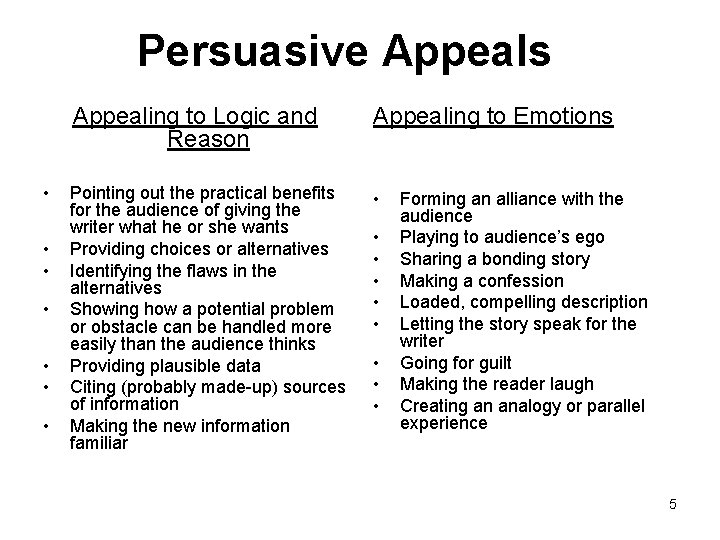 Persuasive Appeals • • Appealing to Logic and Reason Appealing to Emotions Pointing out