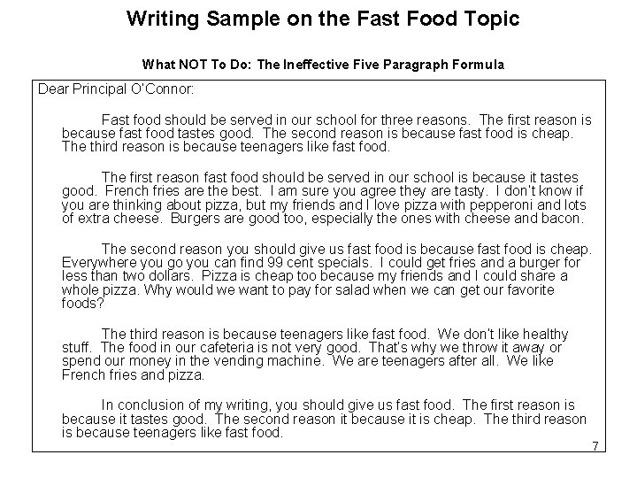 Writing Sample on the Fast Food Topic What NOT To Do: The Ineffective Five