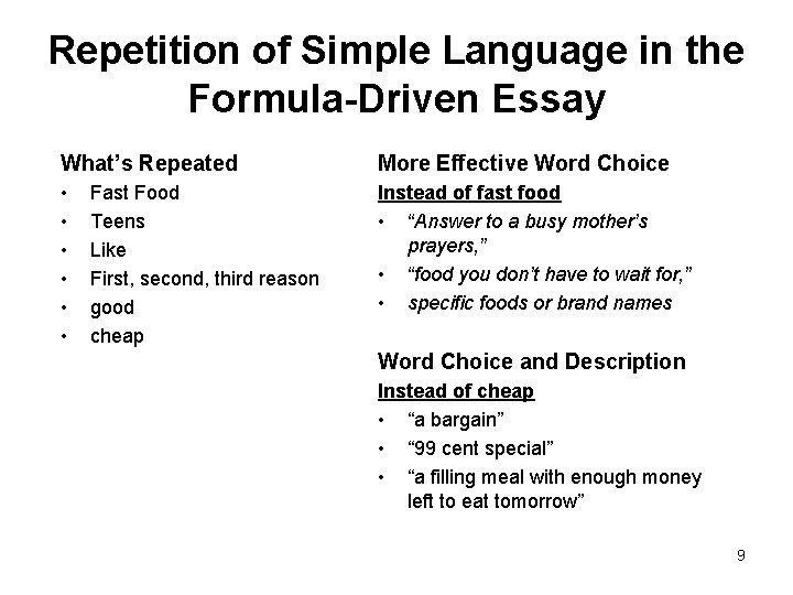 Repetition of Simple Language in the Formula-Driven Essay What’s Repeated More Effective Word Choice