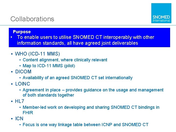 Collaborations Purpose • To enable users to utilise SNOMED CT interoperably with other information