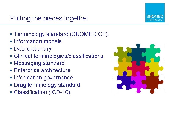 Putting the pieces together ▪ ▪ ▪ ▪ ▪ Terminology standard (SNOMED CT) Information