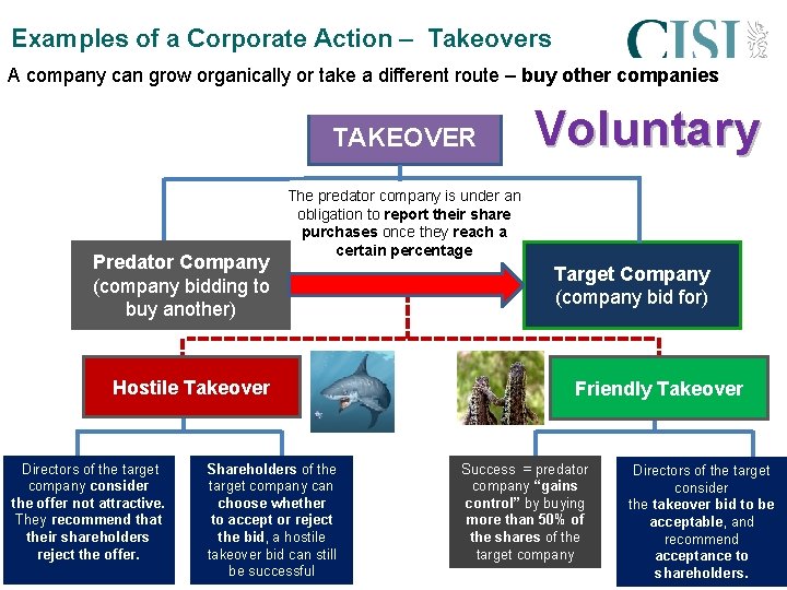 Examples of a Corporate Action – Takeovers A company can grow organically or take