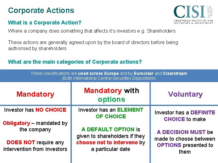 Corporate Actions What is a Corporate Action? Where a company does something that affects