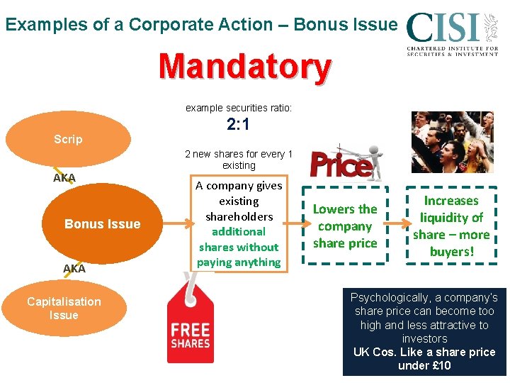 Examples of a Corporate Action – Bonus Issue Mandatory example securities ratio: Scrip AKA