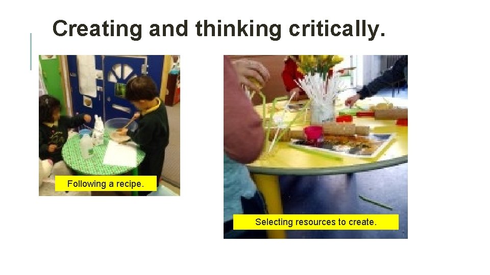 Creating and thinking critically. Following a recipe. Selecting resources to create. Creating and thinking critically. Following a recipe. Selecting resources to create.