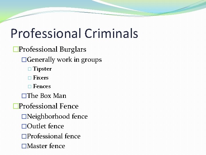 Professional Criminals �Professional Burglars �Generally work in groups � Tipster � Fixers � Fences