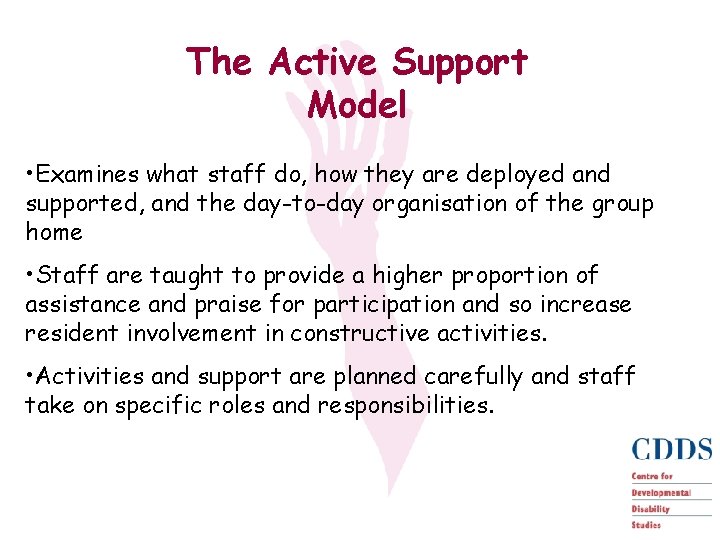 The Active Support Model • Examines what staff do, how they are deployed and