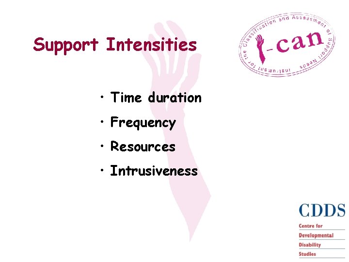 Support Intensities • Time duration • Frequency • Resources • Intrusiveness 