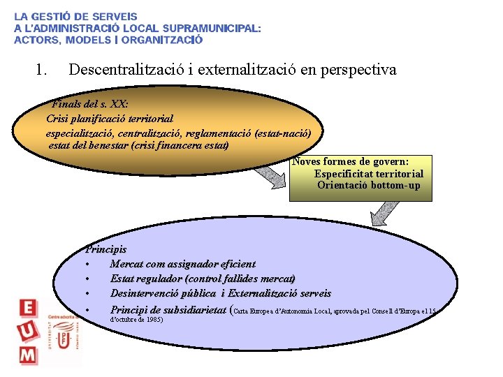 1. Descentralització i externalització en perspectiva Finals del s. XX: Crisi planificació territorial especialització,