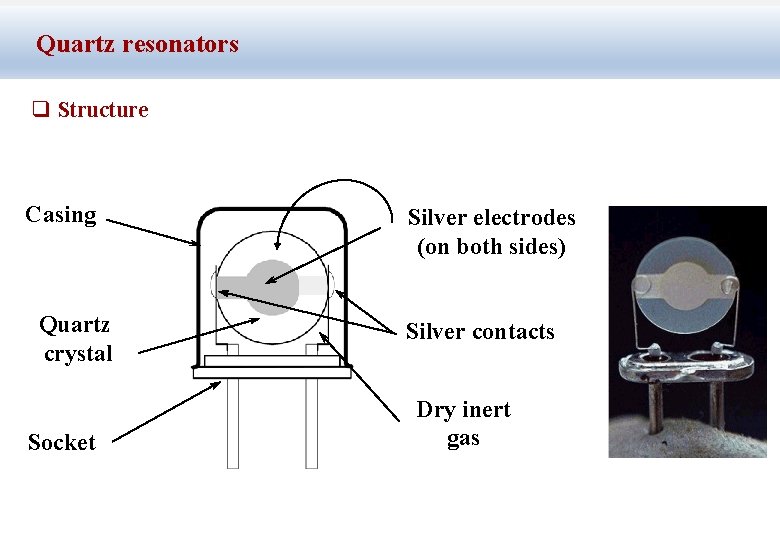 Quartz resonators q Structure Casing Quartz crystal Socket Silver electrodes (on both sides) Silver