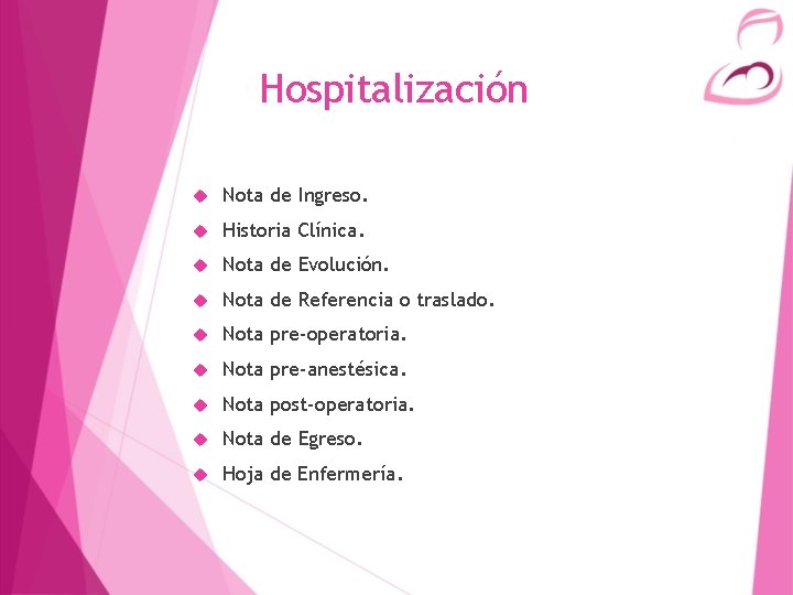 Hospitalización Nota de Ingreso. Historia Clínica. Nota de Evolución. Nota de Referencia o traslado.