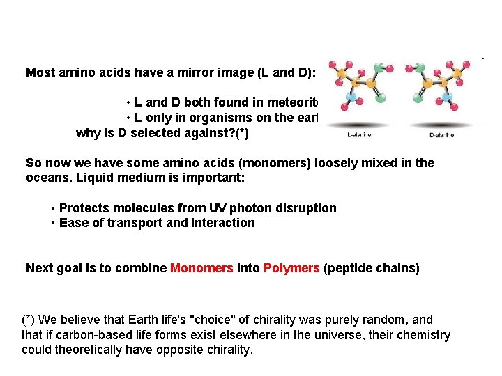 Most amino acids have a mirror image (L and D): • L and D