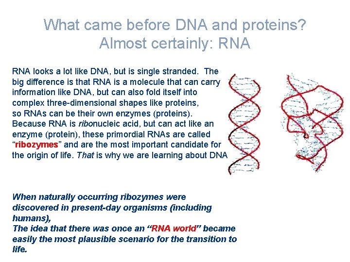 What came before DNA and proteins? Almost certainly: RNA looks a lot like DNA,