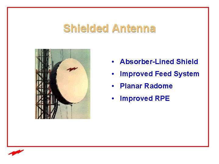 Shielded Antenna • Absorber-Lined Shield • Improved Feed System • Planar Radome • Improved