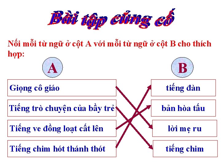 Nối mỗi từ ngữ ở cột A với mỗi từ ngữ ở cột B