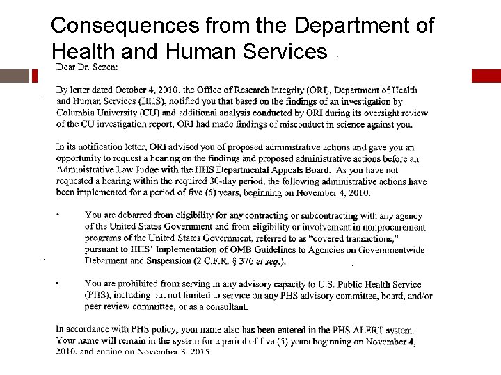 Consequences from the Department of Health and Human Services Consequences from the Department of Health and Human Services