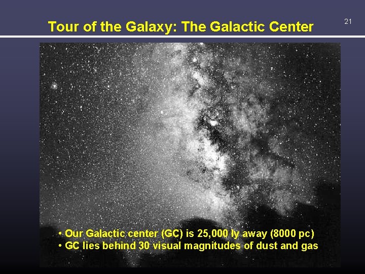 Tour of the Galaxy: The Galactic Center • Our Galactic center (GC) is 25,