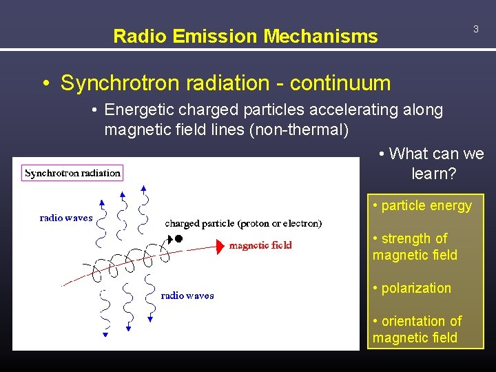 Radio Emission Mechanisms 3 • Synchrotron radiation - continuum • Energetic charged particles accelerating