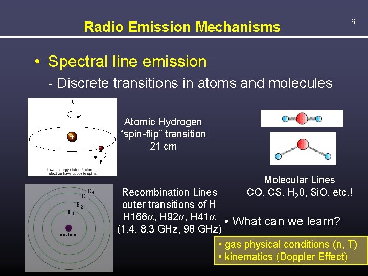 Radio Emission Mechanisms 6 • Spectral line emission - Discrete transitions in atoms and