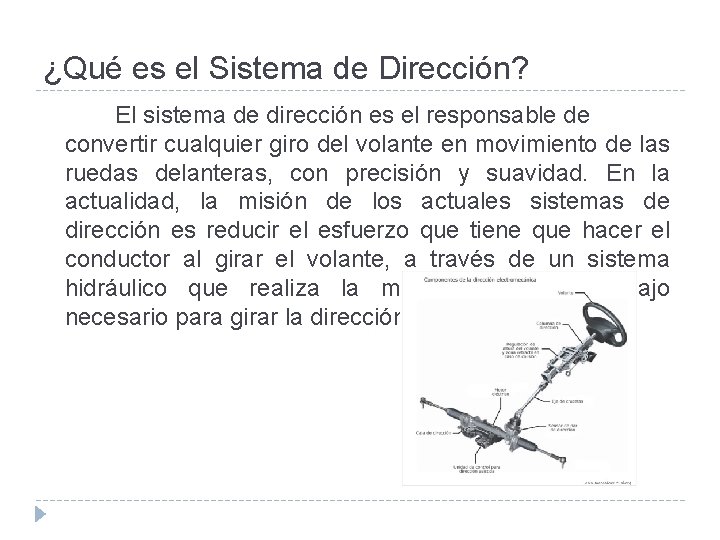 ¿Qué es el Sistema de Dirección? El sistema de dirección es el responsable de