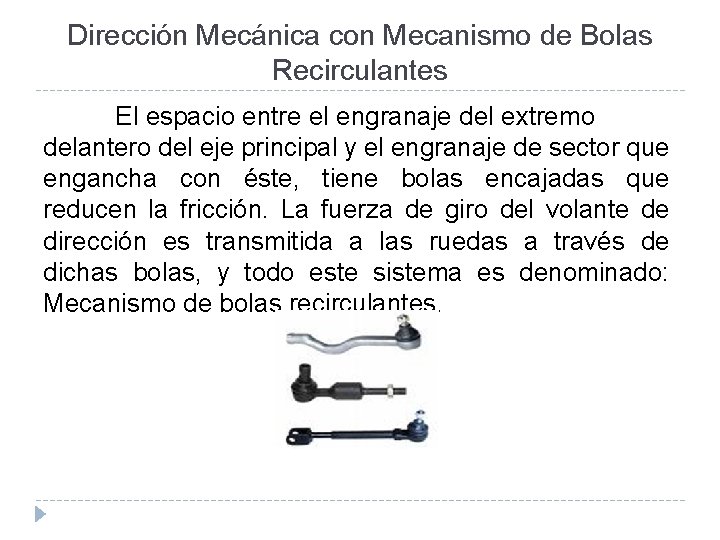 Dirección Mecánica con Mecanismo de Bolas Recirculantes El espacio entre el engranaje del extremo