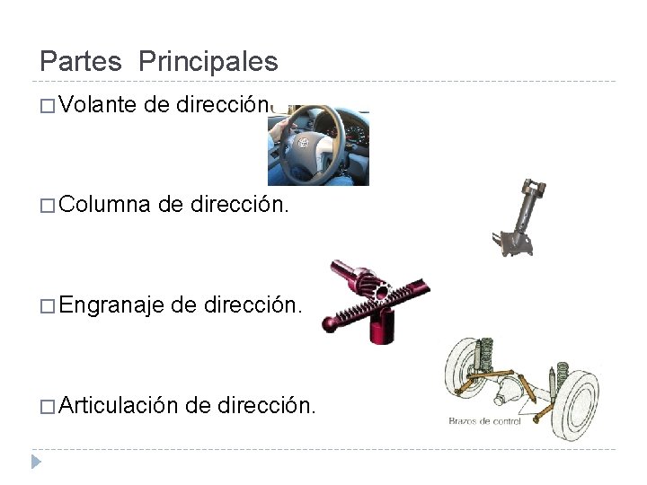 Partes Principales � Volante de dirección. � Columna de dirección. � Engranaje de dirección.