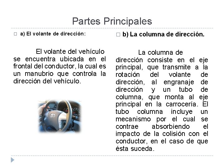Partes Principales � a) El volante de dirección: El volante del vehículo se encuentra