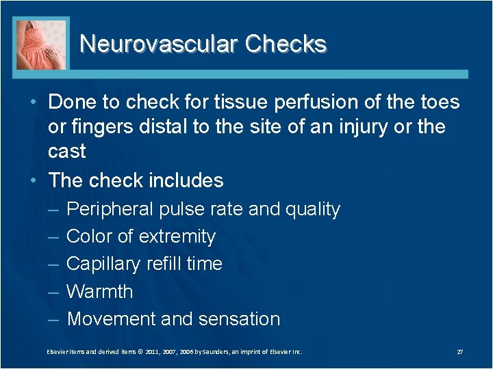 Neurovascular Checks • Done to check for tissue perfusion of the toes or fingers